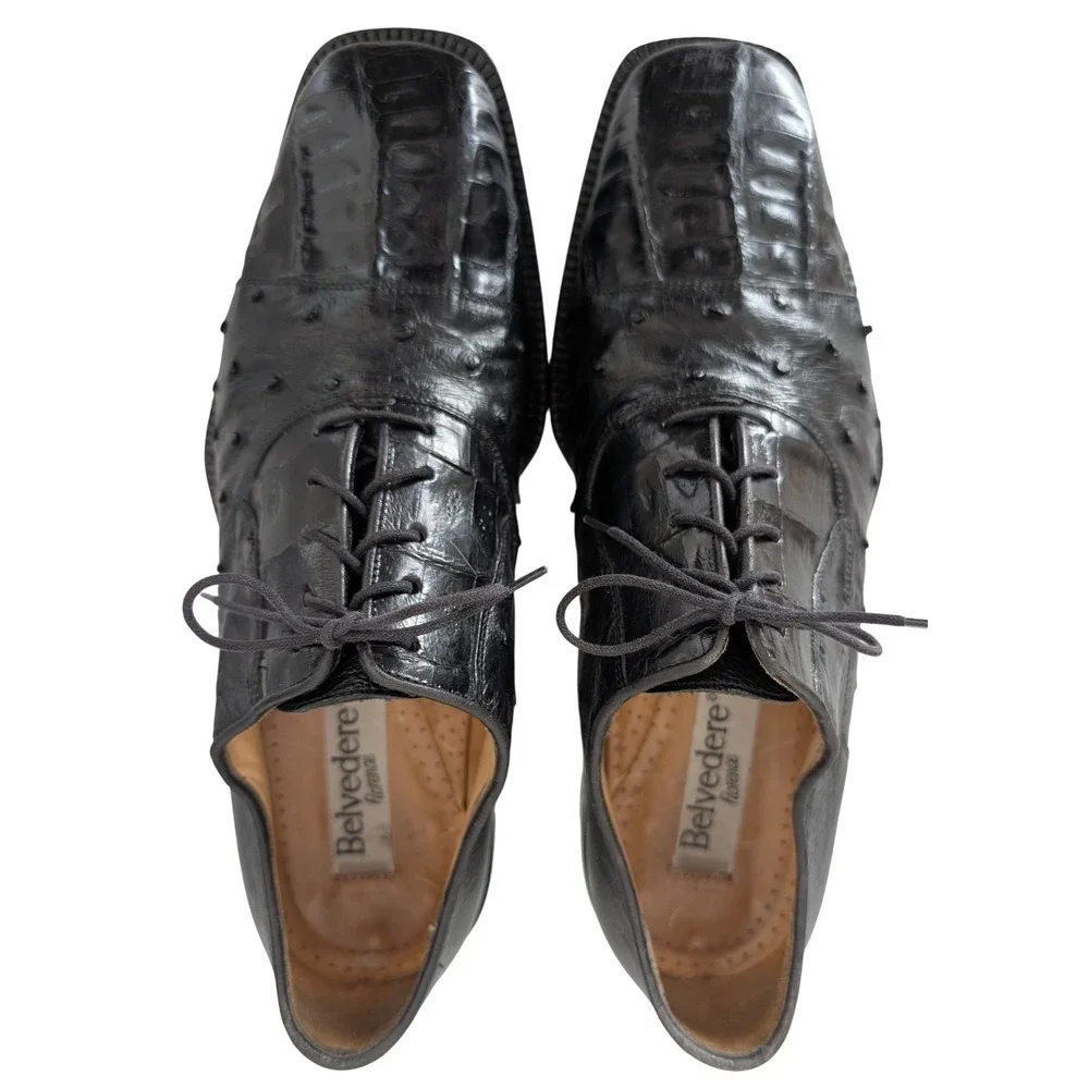 Belvedere Florence Crocodile Ostrich Dress Shoes Men 11M Black Exotic‎ Italian